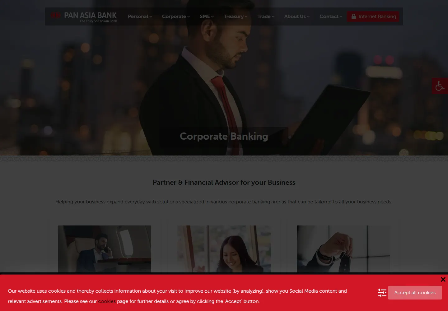 Pan Asia Bank corporate banking page for business customers in Sri Lanka
