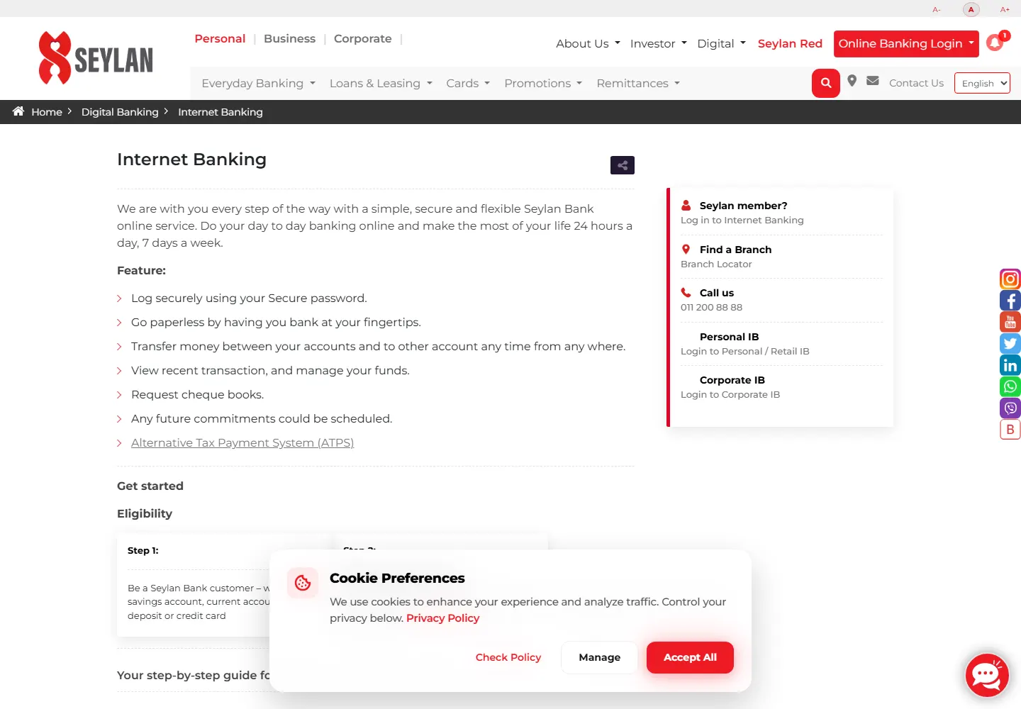 Seylan internet banking page for Sri Lankan business account users