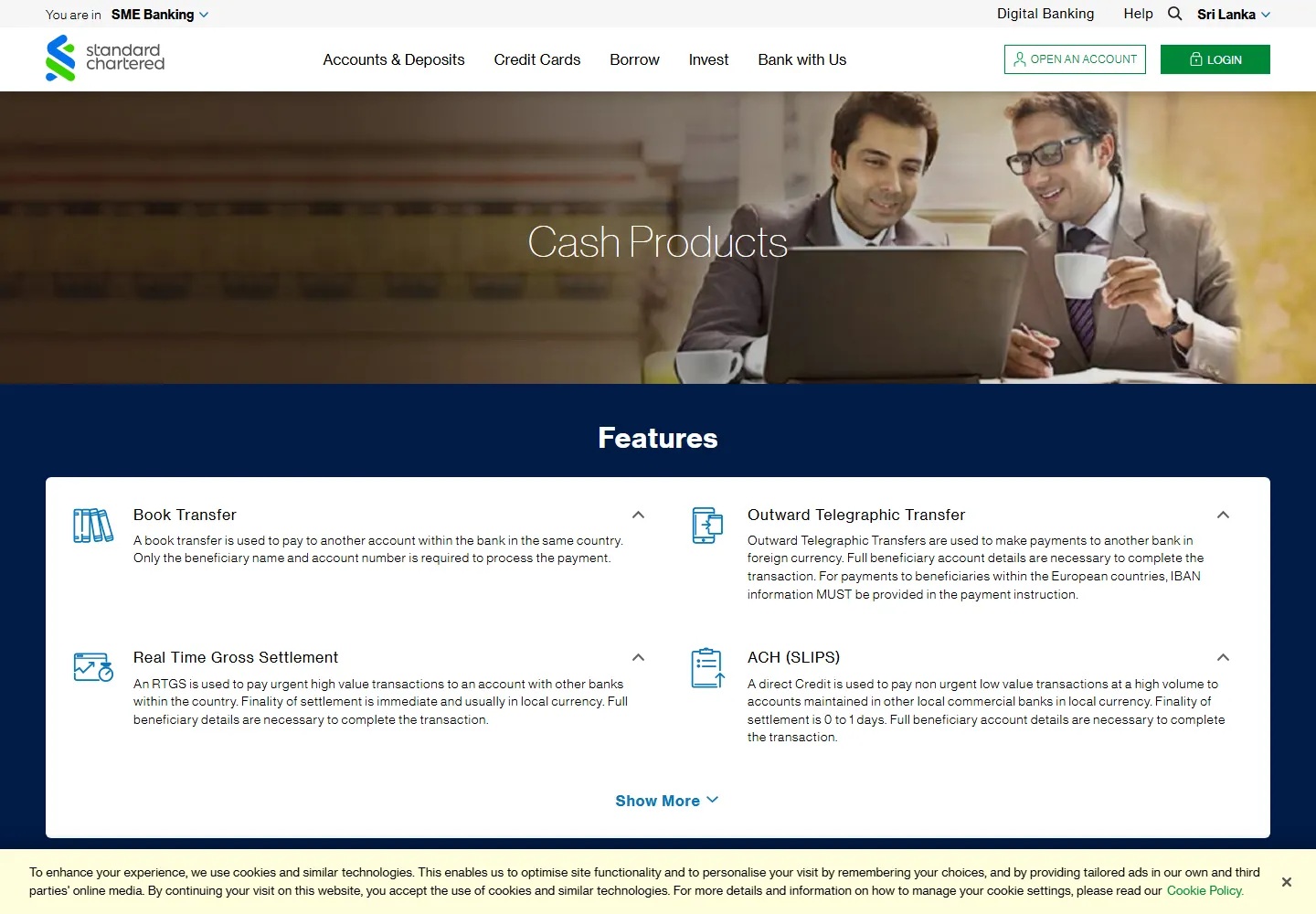 Standard Chartered cash products page showing CEFT, SLIPS, RTGS, and payroll options