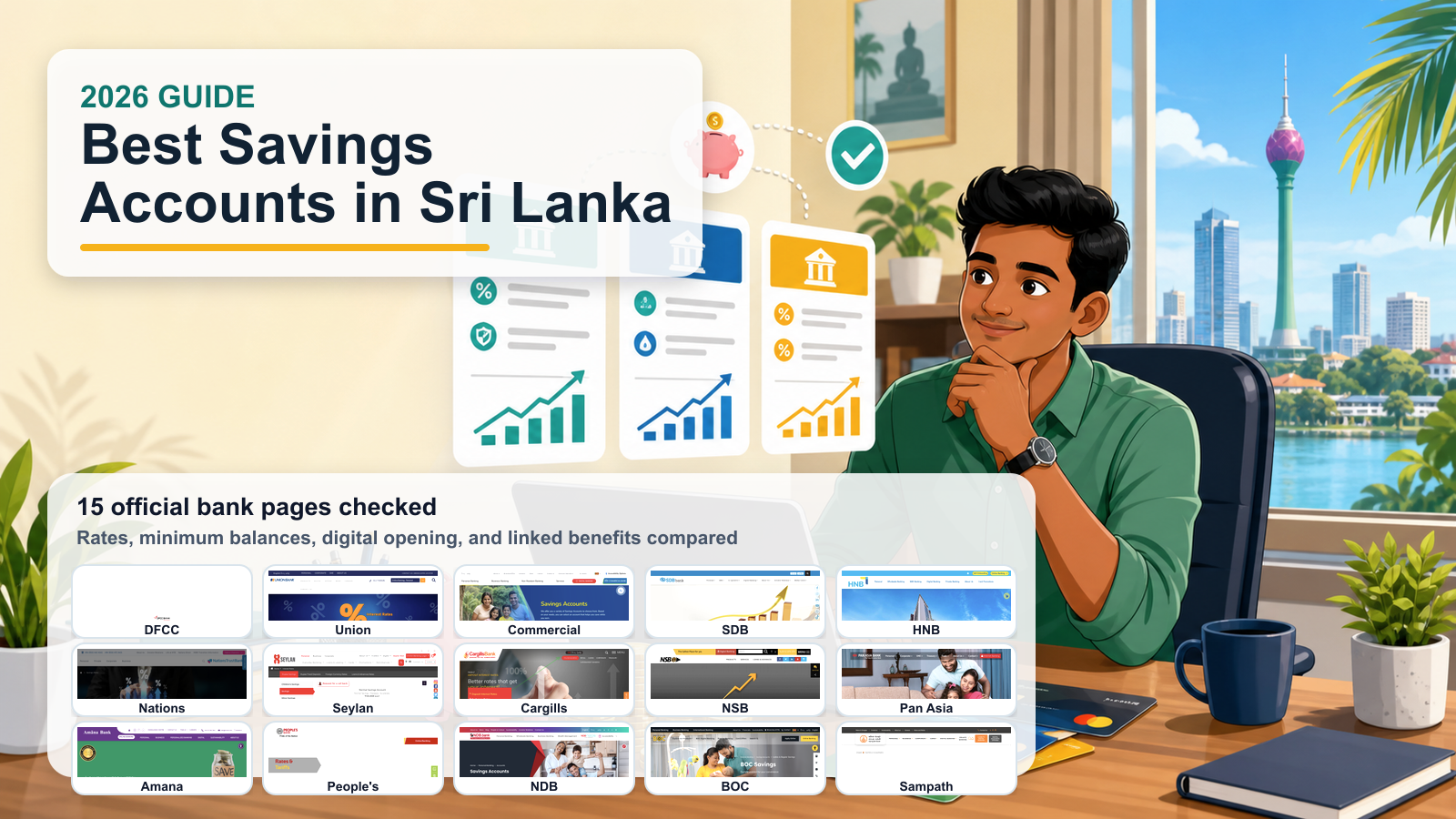 Cartoon Sri Lankan saver comparing savings account rates with screenshots of 15 bank websites
