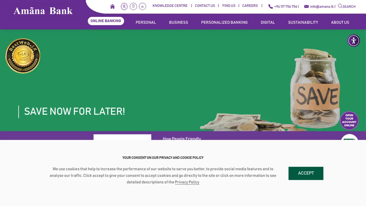 Amana Bank regular savings account page in Sri Lanka