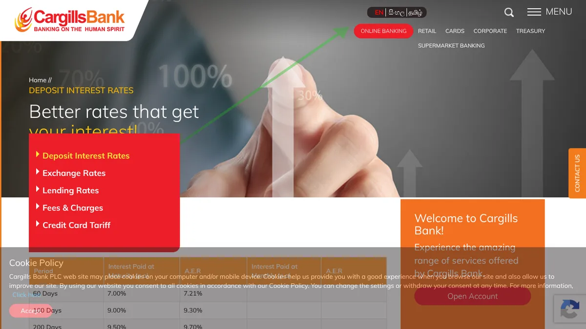Cargills Bank deposit rates page for savings accounts in Sri Lanka