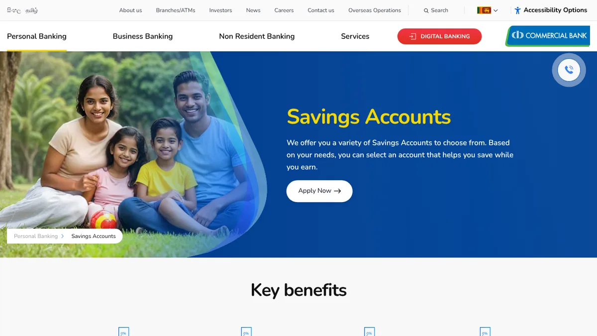 Commercial Bank savings accounts page for Sri Lanka savings account comparison