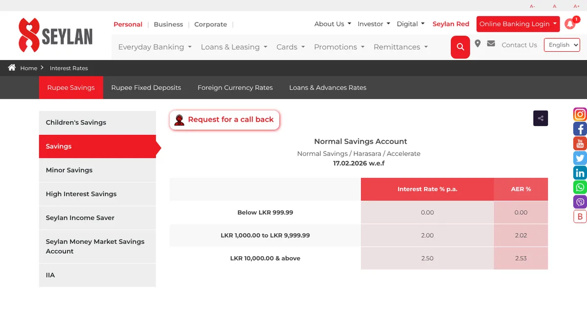 Seylan Bank interest rates page for savings accounts in Sri Lanka