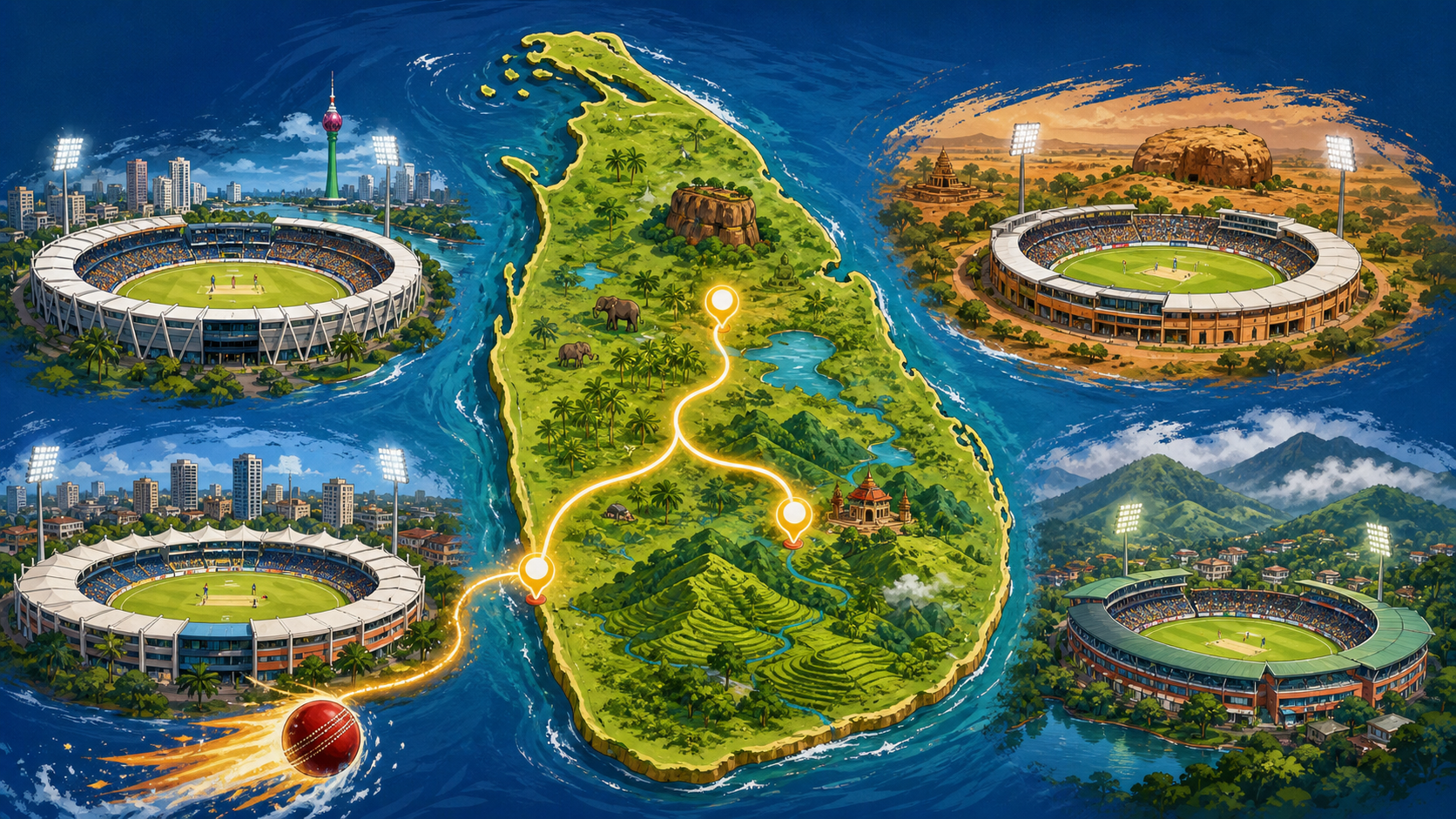 Cartoon map illustration showing the LPL tournament route through Colombo, Dambulla and Kandy
