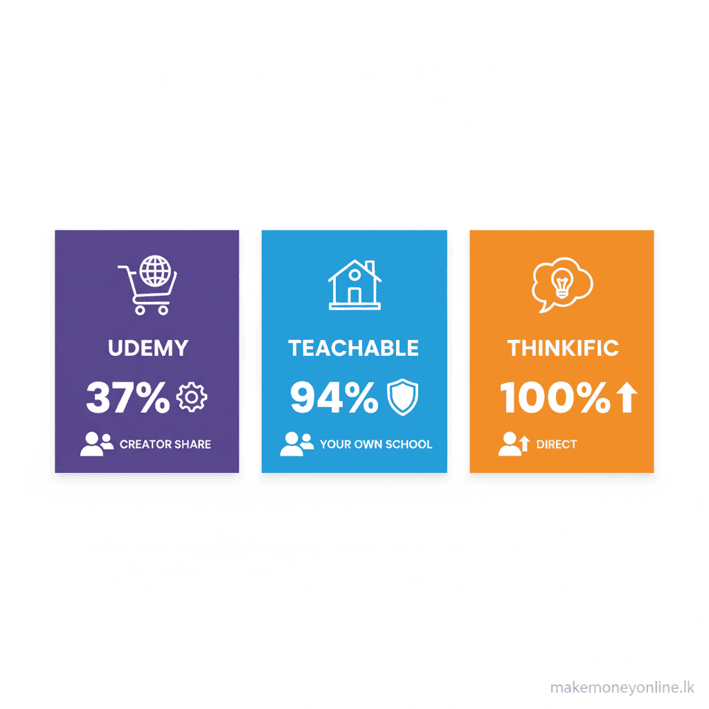 Creating Online Courses in Sri Lanka: Earn LKR 100,000+ Monthly (2026 Guide) Online course platform comparison for Sri Lankan creators including Udemy, Teachable, and Thinkific