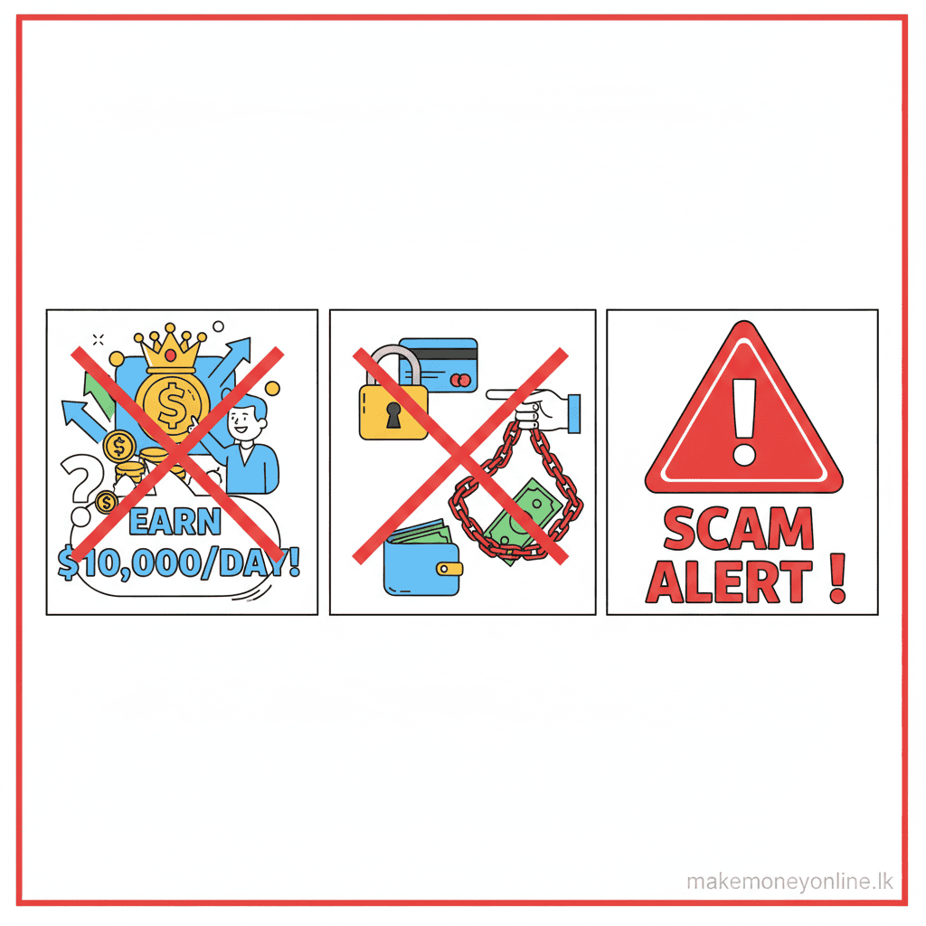 Creating Online Courses in Sri Lanka: Earn LKR 100,000+ Monthly (2026 Guide) Online course creation scam warning signs including fake course marketplaces and fraudulent payment platforms