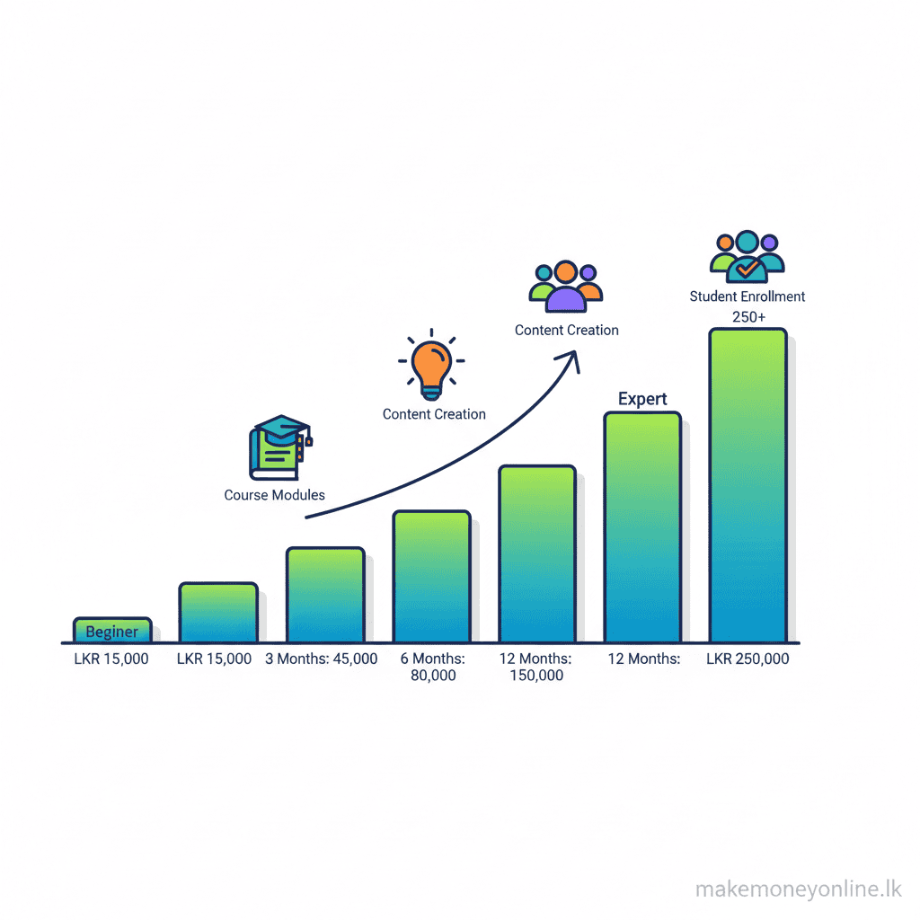 Creating Online Courses in Sri Lanka: Earn LKR 100,000+ Monthly (2026 Guide) Online course income potential for Sri Lankan creators showing beginner to expert LKR income growth over 18 months