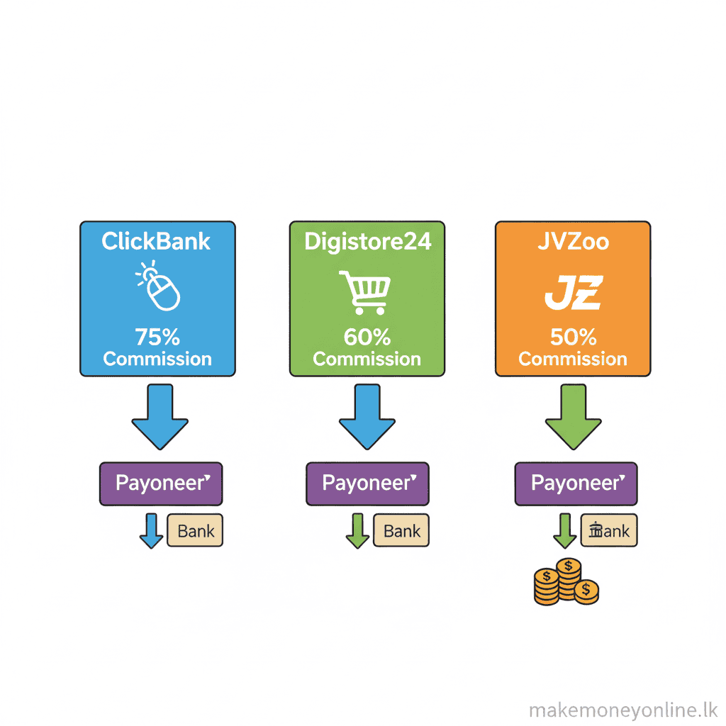 Promoting Digital Products in Sri Lanka: Earn LKR 60,000+ Monthly (2026 Guide) Digital product affiliate platforms for Sri Lankan affiliates including ClickBank, Digistore24, and JVZoo with commission rates and payment methods