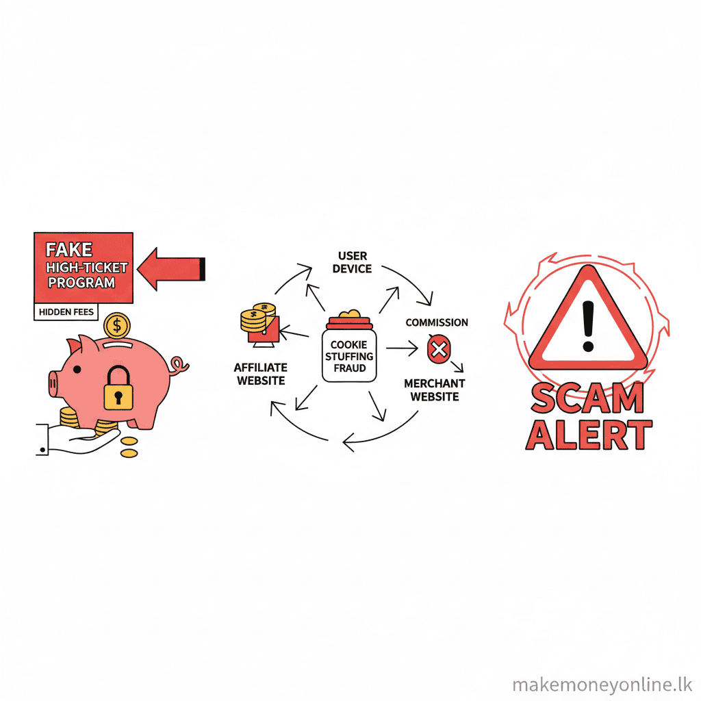 Promoting Digital Products in Sri Lanka: Earn LKR 60,000+ Monthly (2026 Guide) Digital product affiliate scam warning signs including fake high-ticket programs, cookie stuffing fraud, and schemes requiring upfront payment