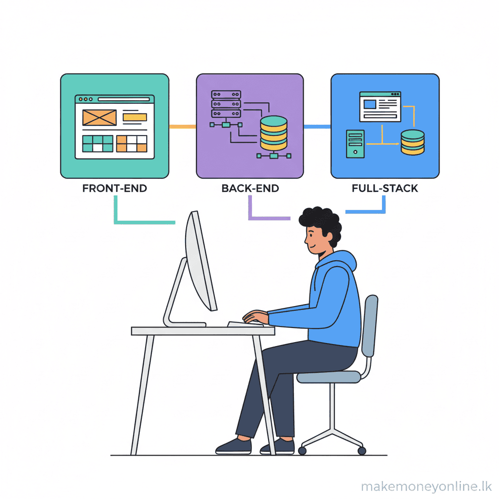 Web Development in Sri Lanka: How to Earn LKR 100,000 or More Per Month (2026) Web development overview showing front-end, back-end, and full-stack roles for Sri Lankan developers