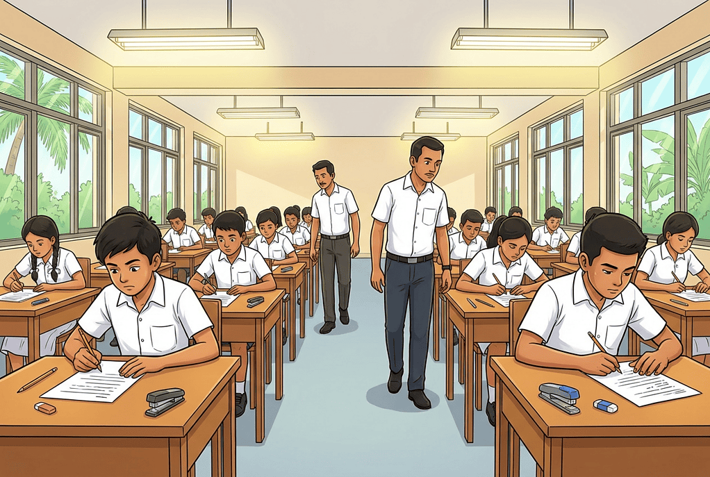 An examination hall in Sri Lanka with rows of individual desks, students writing papers, and supervisors walking between rows