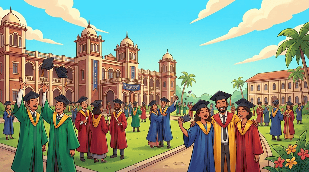University graduation ceremony in Sri Lanka, I'm focusing on the emotions and atmosphere that signify achievement and celebration. The scene will showcase students in vibrant academic robes and caps, conveying feelings of happiness and pride. Expressive faces will emphasize the accomplishment they feel in this momentous occasion. We'll integrate the university building backdrop, symbolizing the conclusion of their academic journey. By using a playful cartoon style with clean linework and smooth shading, the aesthetic will be engaging and upbeat. Vibrant colors will further highlight the celebratory mood, making the scene come alive with joy and satisfaction.