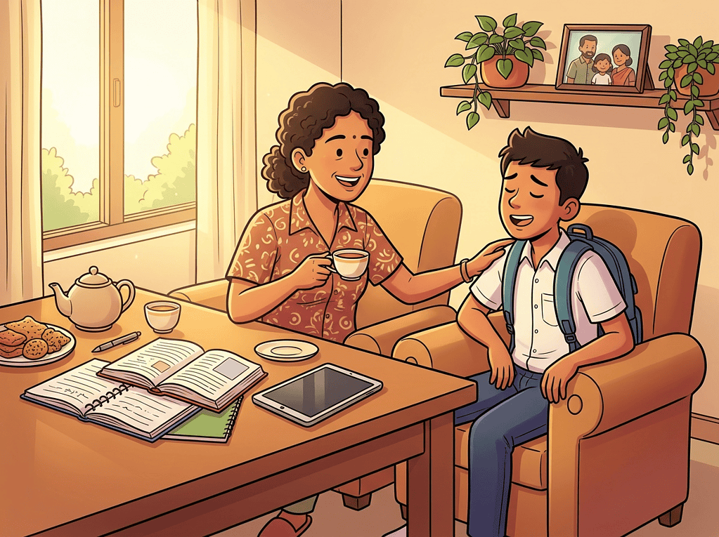 A Sri Lankan home setting with a parent and student having a calm conversation over tea. The parent's face shows encouragement, the student's expression reflects relief and comfort. Subtle hints of study materials like books and notes are present but not dominating. Warm natural lighting enhances the nurturing atmosphere and emotional support vibe. Expressive characters, smooth shading, playful aesthetic, simplified forms to depict a supportive scene.