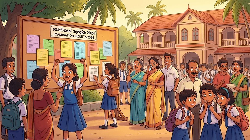 Sri Lankan students and parents around a notice board at a school, examining examination results