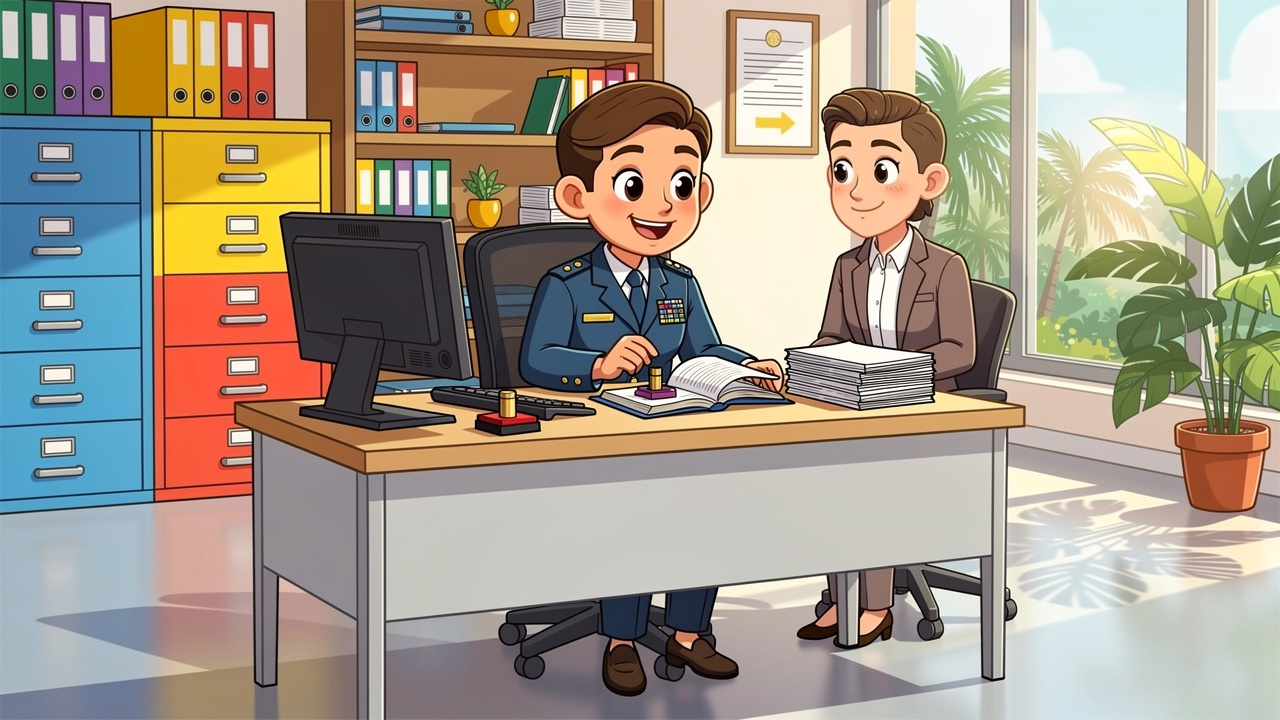 Immigration officer processing visa application at desk