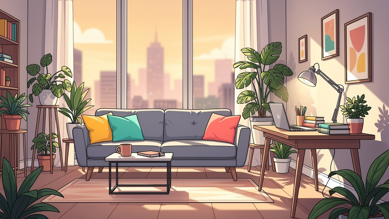 Modern apartment interior with workspace and city view