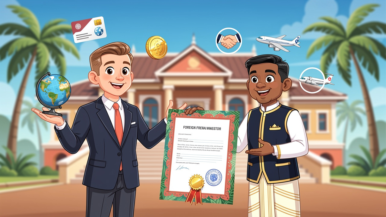 Cartoon foreign investor registering a business in Sri Lanka