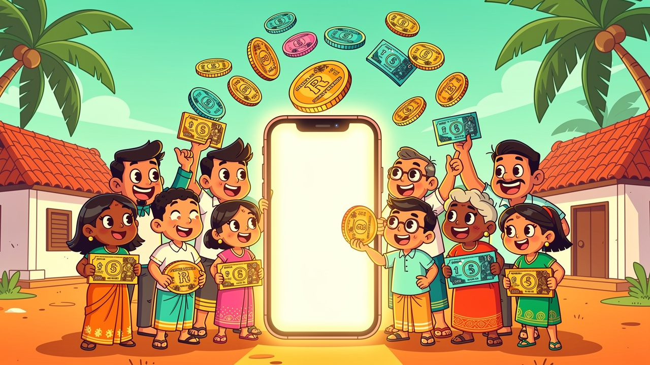 Cartoon of Sri Lankans using loan apps on smartphones