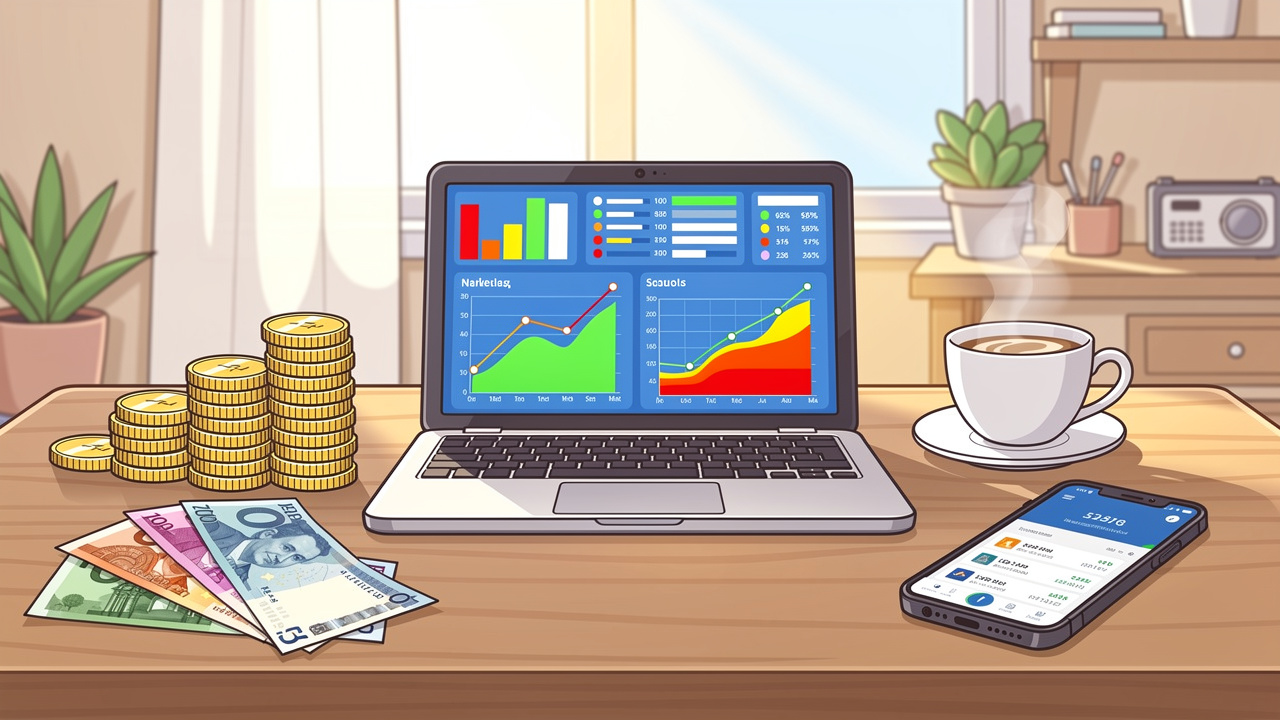 Laptop showing financial data with international currency