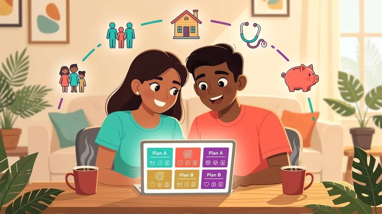 Sri Lankan couple comparing health insurance plans online at home
