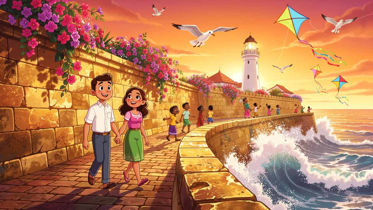 Cartoon honeymoon couple walking Galle Fort ramparts at sunset