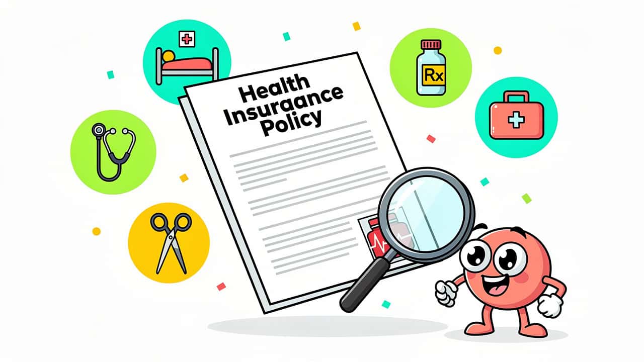 Cartoon showing health insurance coverage benefits and exclusions