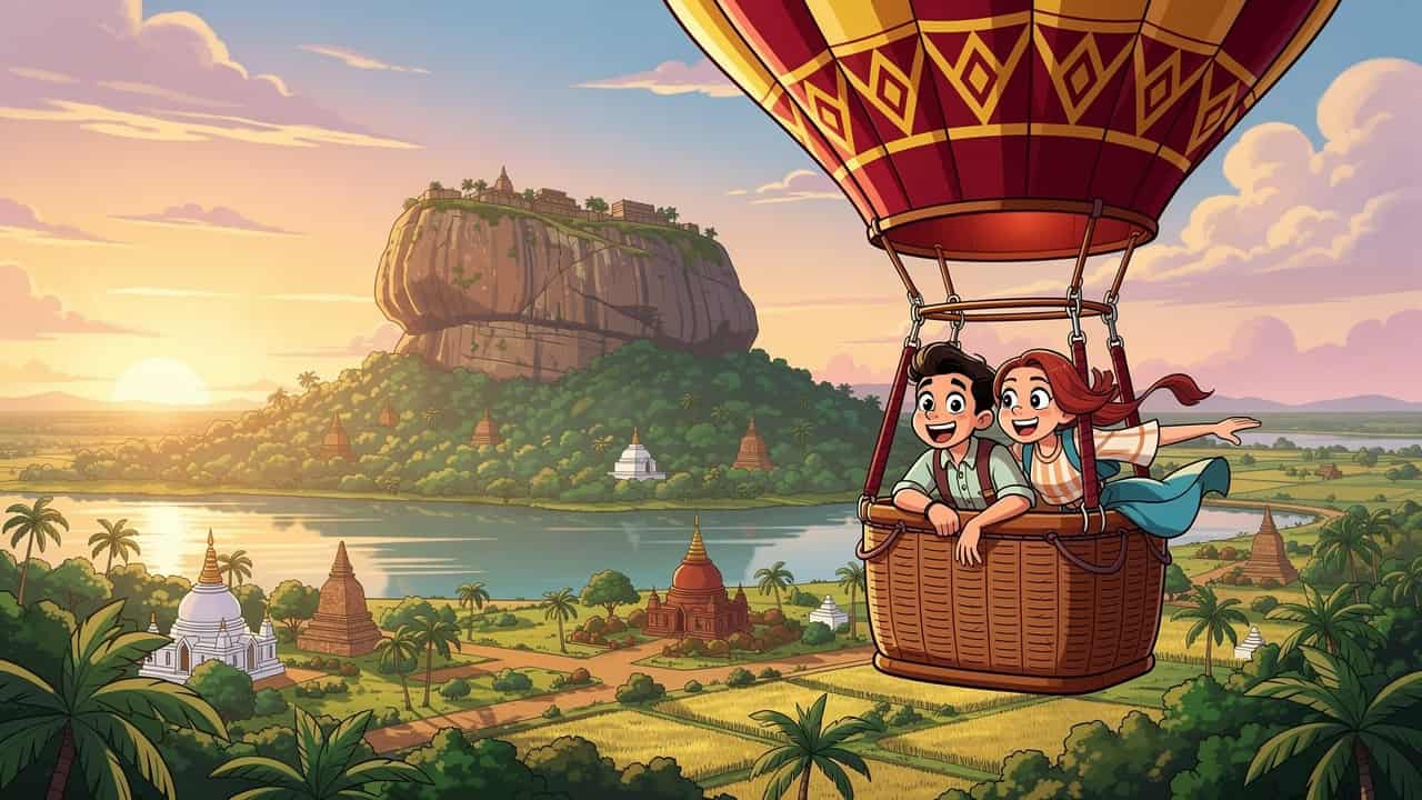 Cartoon couple in hot air balloon over Sigiriya Sri Lanka