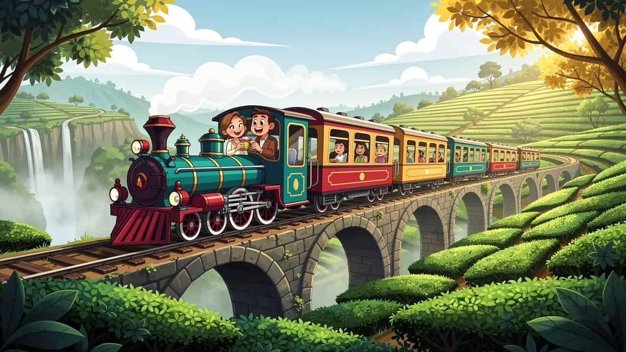 Cartoon couple on scenic train through Sri Lanka tea hills