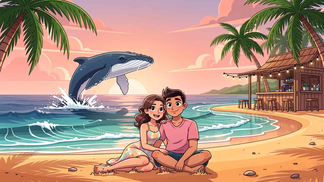 Cartoon honeymoon couple on Mirissa beach with whale in ocean