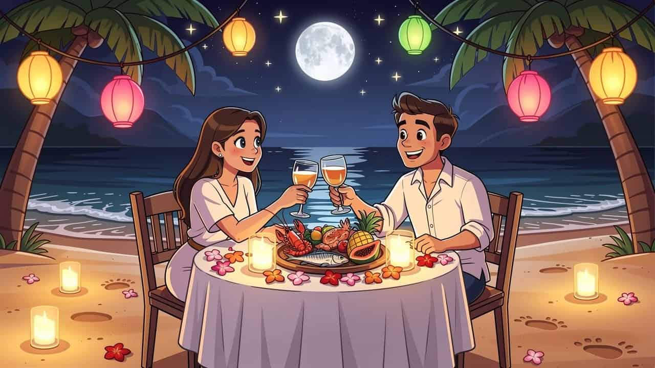 Cartoon couple enjoying romantic candlelit dinner on Sri Lanka beach