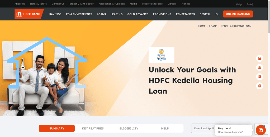 HDFC Bank Sri Lanka homepage promoting rural and affordable housing loan schemes