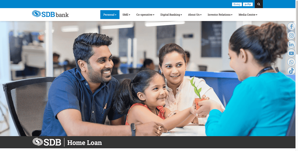 SDB Bank homepage showing affordable housing finance options for middle-income borrowers