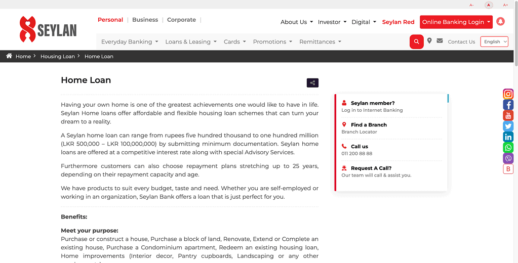 Seylan Bank home loan page featuring stage-wise disbursement for construction projects