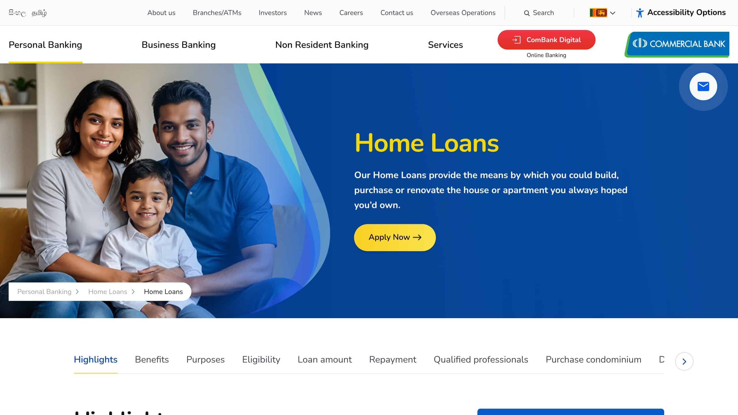 Commercial Bank home loans page showing loan amounts up to Rs 50 million and 3-day approval