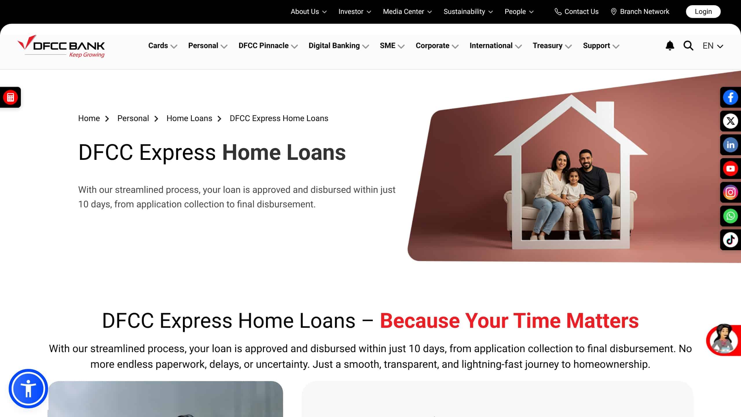 DFCC Bank Express Home Loan page showing 20-year fixed rate and 100% financing options