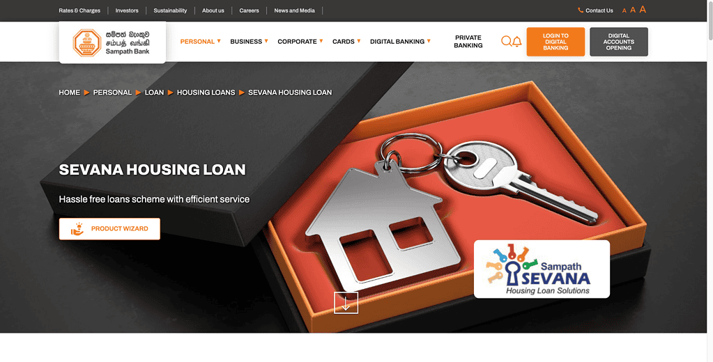 Sampath Bank Sevana housing loan page with dedicated relationship manager service